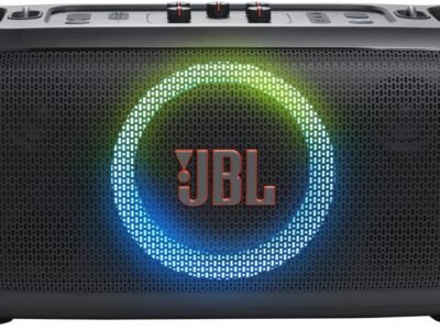 JBL PartyBox On-The-Go packs (2022/ Essential Portable Party Edition) 100 W of JBL Pro Sound, built-in light show, wireless mic, and splash-proof durability.